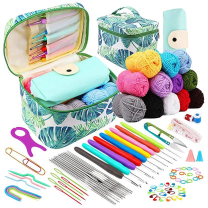 Crochet hook and sewing needle kit with storage bag, stitch markers, and yarn assortment