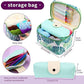 Storage bag for crochet accessories with colorful yarn and tools, folded pouch