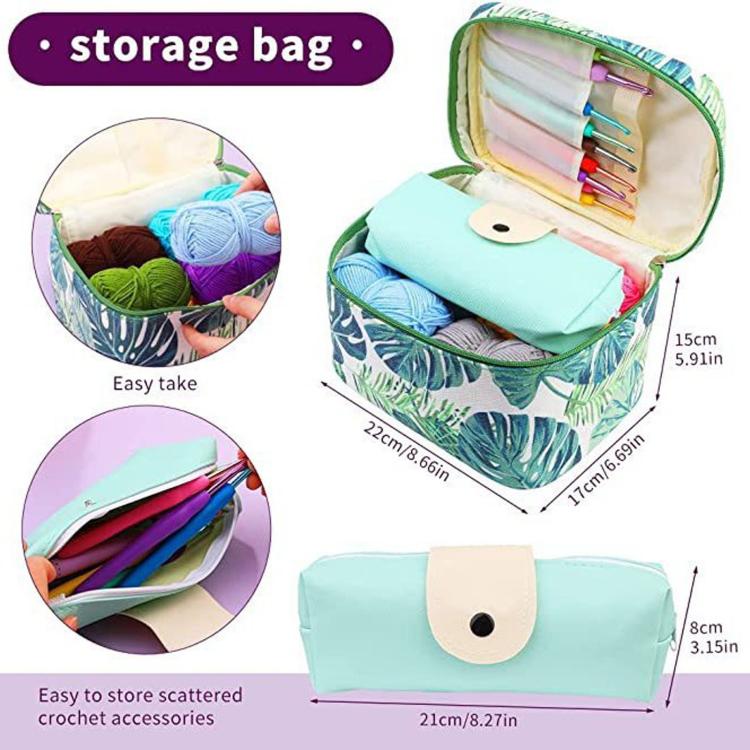 Storage bag for crochet accessories with colorful yarn and tools, folded pouch