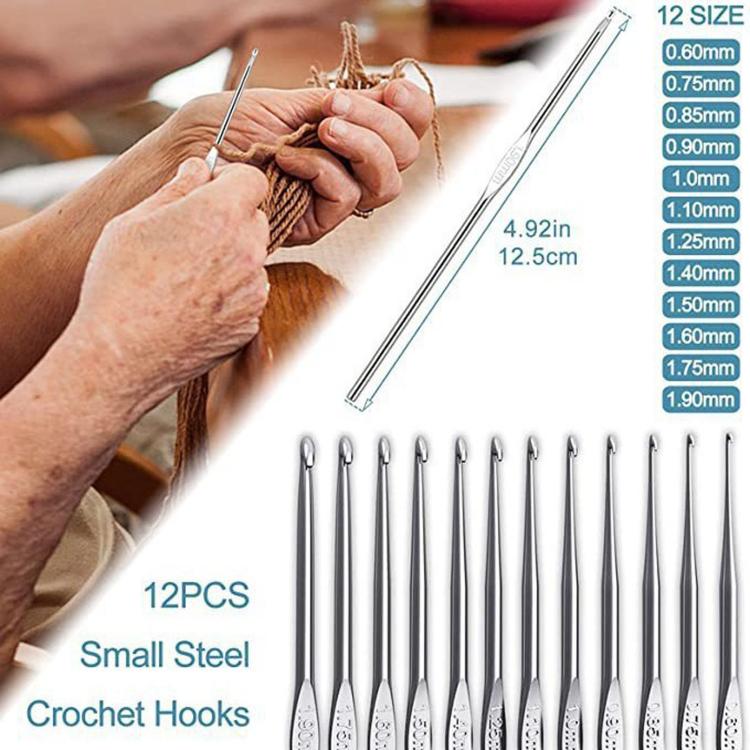 12-piece small steel crochet hook set with size labels