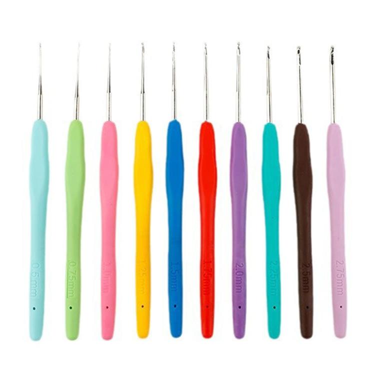 Set of colorful crochet hooks with plastic handles in assorted shades