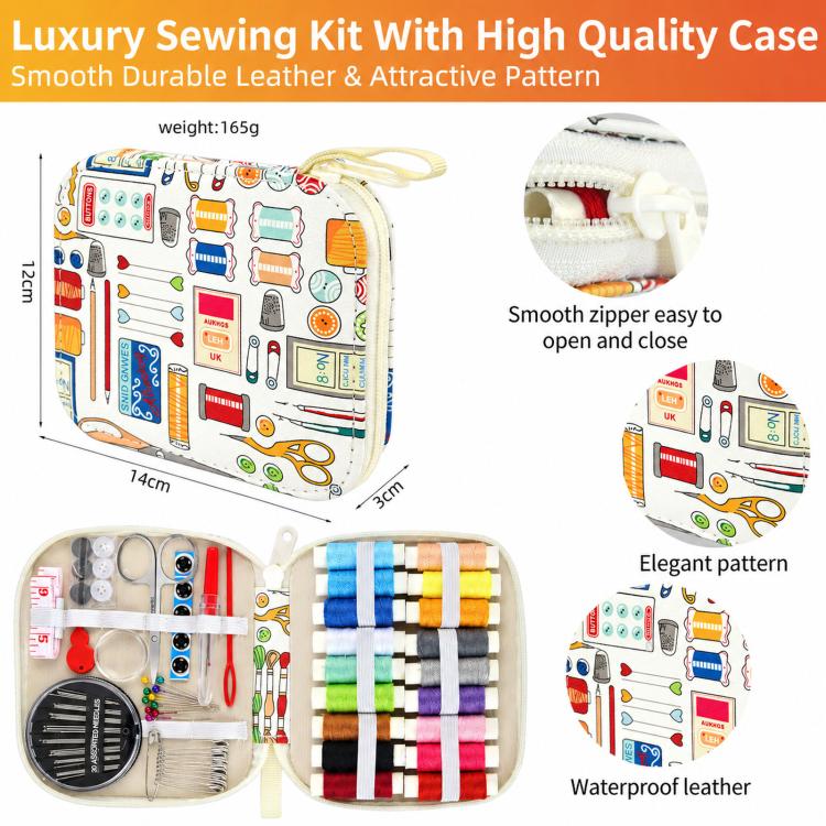 Travel sewing kit with patterned zipper case and neatly arranged thread spools