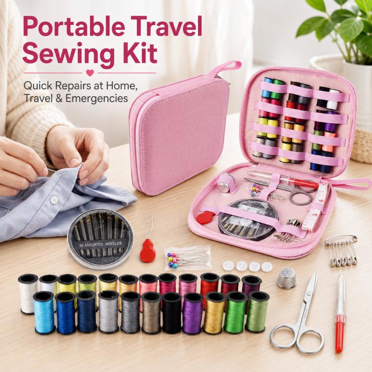 Pink zipper travel sewing kit case with thread spools, needles, scissors, pins, thimble