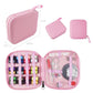 Pink zipper travel sewing kit case open, thread holders and included sewing tools