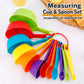 Colorful plastic measuring cup and spoon set with ring, multicolor nesting spoons