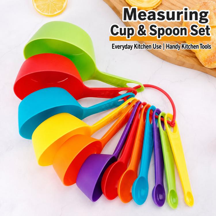 Colorful plastic measuring cup and spoon set with ring, multicolor nesting spoons