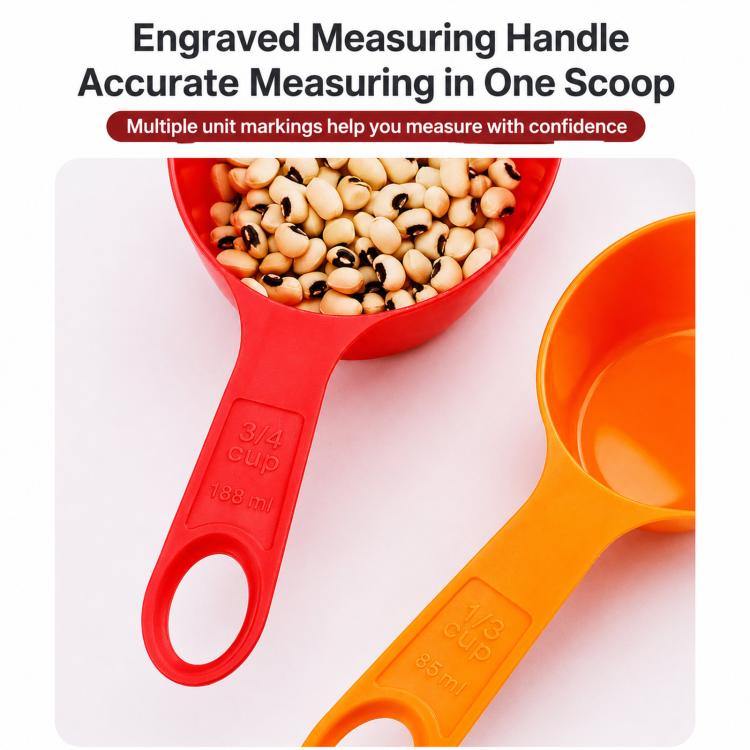 Plastic measuring spoon with engraved cup marks, red and orange scoops