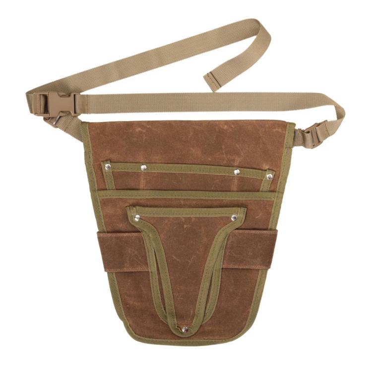 Two-tone waxed canvas waist bag with adjustable strap, front pockets, and metal buttons