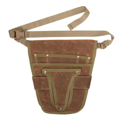 Two-tone waxed canvas waist bag with adjustable strap, front pockets, and metal buttons