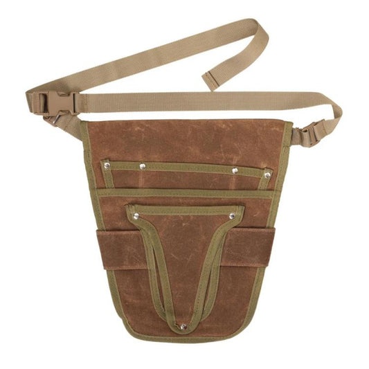 Two-tone waxed canvas waist bag with adjustable strap, front pockets, and metal buttons