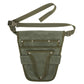 Green waxed canvas waist bag with adjustable strap, front flap pocket, and metal snaps