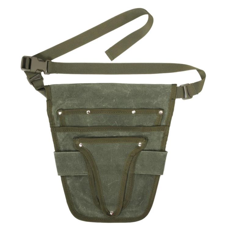 Green waxed canvas waist bag with adjustable strap, front flap pocket, and metal snaps