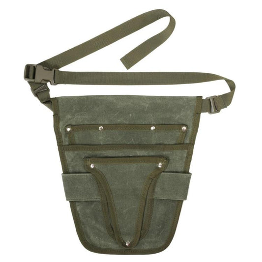 Green waxed canvas waist bag with adjustable belt and front multi-pocket organizer