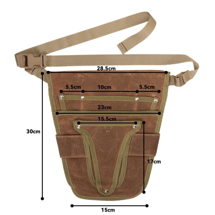 Brown and green waxed canvas waist bag with adjustable strap and front tool pocket