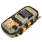 Khaki tool storage bag with black straps, open compartments, and tool slots with clear pouch