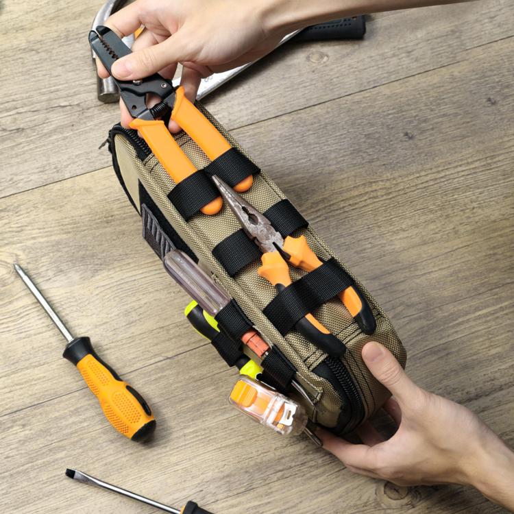 Khaki tool storage bag with black elastic straps holding screwdrivers and tools