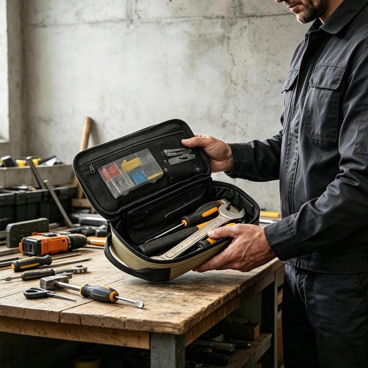 Open black tool storage bag with molded slots and zippered inner compartments