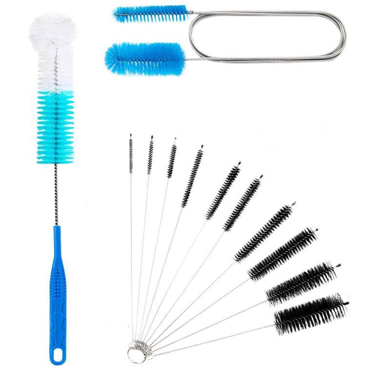 Blue-and-black tube cleaning brush kit with coiled wire and mini bristle brushes