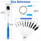 Tube cleaning brush set with dual bristle lengths and flexible wire stems, size guide