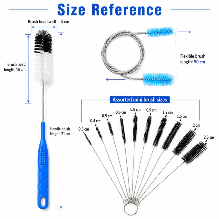 Tube cleaning brush set with dual bristle lengths and flexible wire stems, size guide