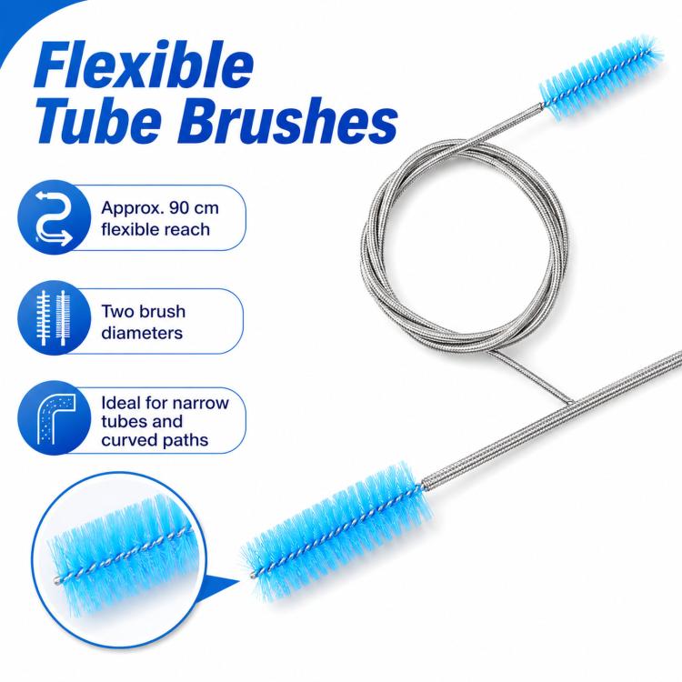 Flexible tube brush set with long coiled wire and blue mini bristle heads