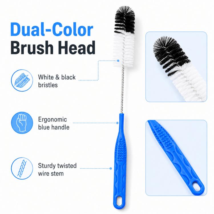 Dual-color tube brush with black and white bristles, blue ergonomic handle, wire stem
