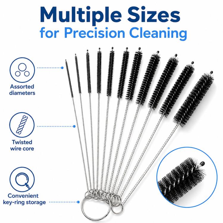 Multiple small tube brushes on a key ring, twisted wire core for precise cleaning