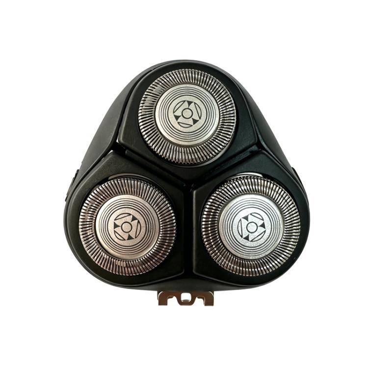Replacement rotary shaver head front view with 3 silver foils, black housing