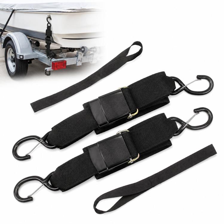 Pair of black marine tie-down straps with metal hooks and center buckle pads