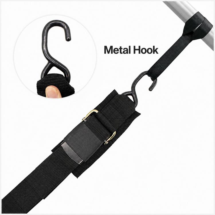 Single black tie-down strap with metal hook and adjustable webbing