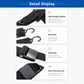 Detail view of black tie-down strap webbing, metal hook, and buckle system