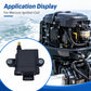 Ignition coil mounted on an outboard engine, dark housing with brass terminal