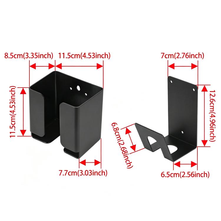Black EV charger control box holder and hook bracket, side-by-side accessory set