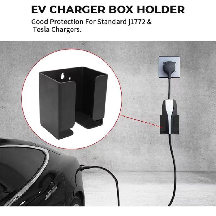 Black EV charger box holder bracket shown mounted on a wall with cable hook