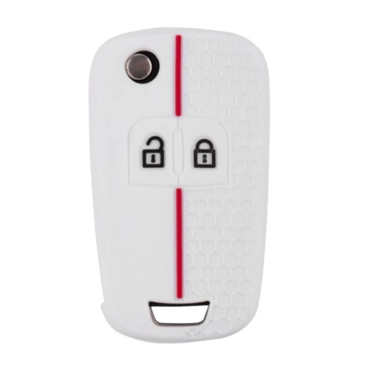 Light white honeycomb two-button key cover with red trim, lock icons and keyring hole