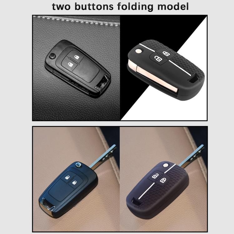Two-button folding key cover in use on key fob, blue and black variants