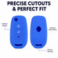 Blue silicone key cover with precise cutouts, hexagon back opening, bottom opening