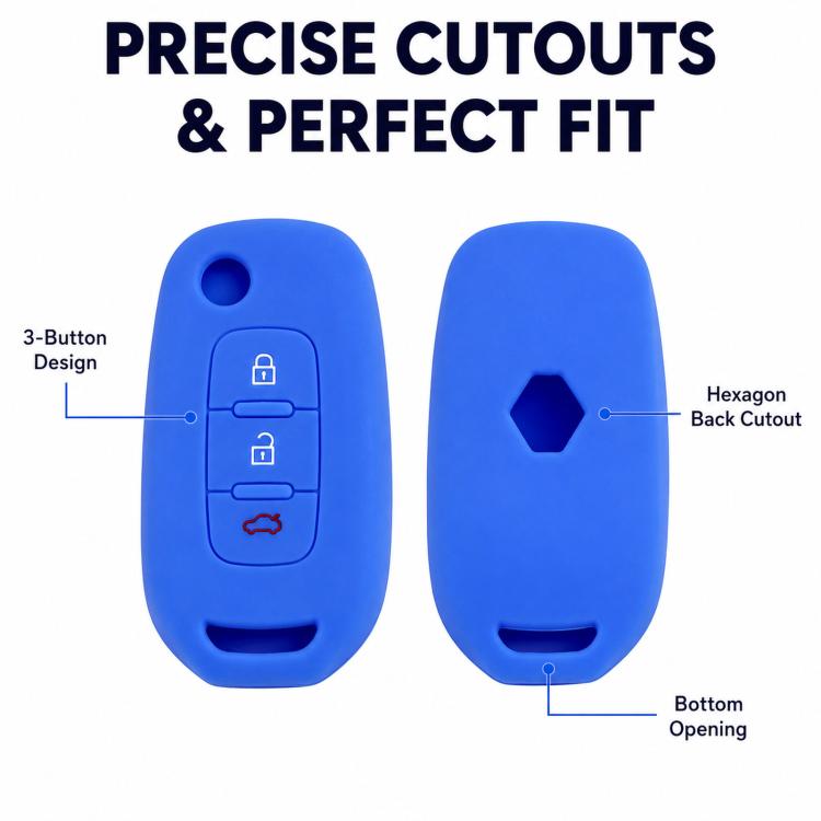 Blue silicone key cover with precise cutouts, hexagon back opening, bottom opening