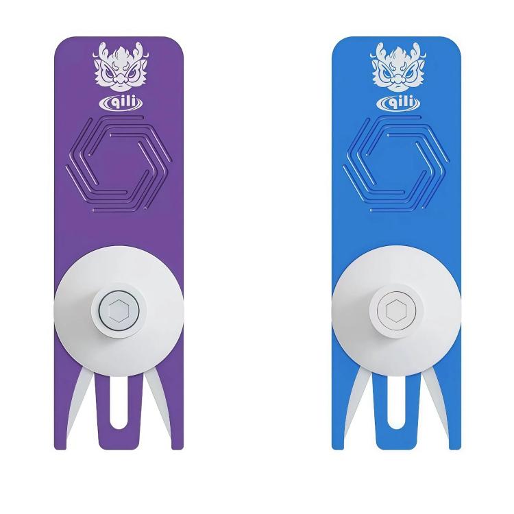 Purple and blue roller film cutters with hex tool wheels and fold-out legs