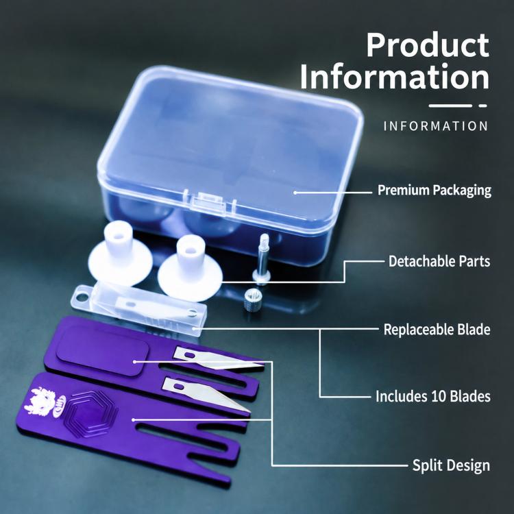 Purple roller film cutter with spare blades and detachable parts in clear storage case