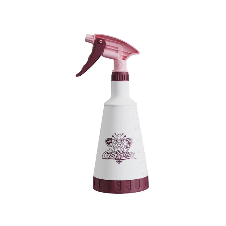 Pink trigger spray bottle with red mist nozzle and white body, acid-resistant atomizer.