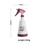 White spray bottle with pink trigger and red nozzle, with size shown in diagram.