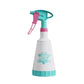 Teal and pink trigger spray bottle with white body and ribbed base for cleaning.