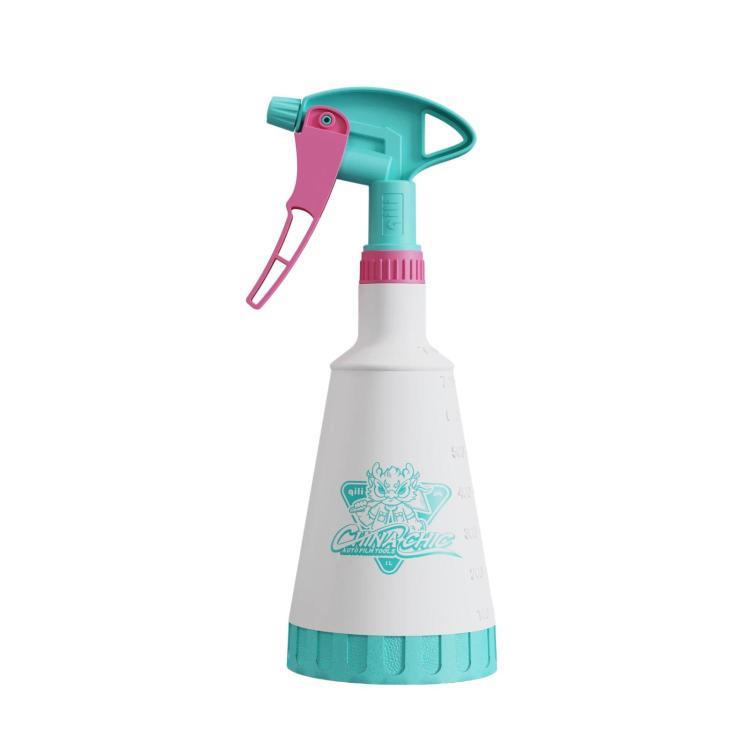 Teal and pink trigger spray bottle with white body and ribbed base for cleaning.