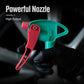 Handheld teal spray gun nozzle with red trigger, used by black-gloved hand.