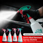 Multi-color spray bottles set and teal nozzle spraying mist onto car surface.