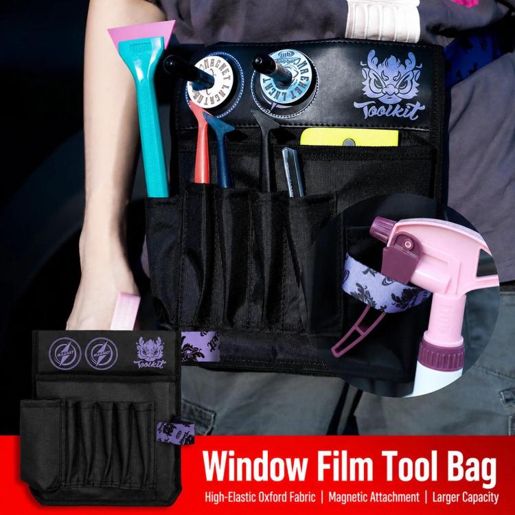Black window film tool bag holding tools, with magnetic holder pockets