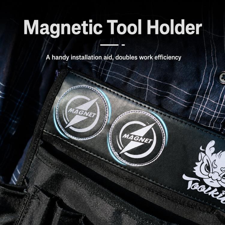 Black tool bag with two round magnetic tool holders on outer pocket