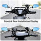 Blue-tinted front and rear motorcycle rearview mirrors with black handlebar mounts