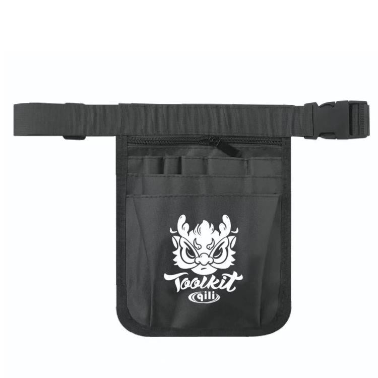 Black waist storage pouch with adjustable strap, front logo pocket and zipper top.